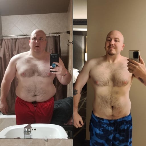 A progress pic of a 5'7" man showing a fat loss from 330 pounds to 197 pounds. A respectable loss of 133 pounds.