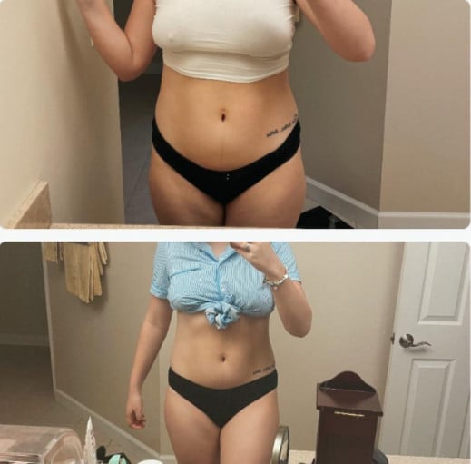 A before and after photo of a 5'8" female showing a weight reduction from 180 pounds to 175 pounds. A respectable loss of 5 pounds.