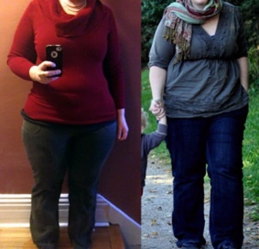 A picture of a 5'5" female showing a weight loss from 260 pounds to 216 pounds. A respectable loss of 44 pounds.