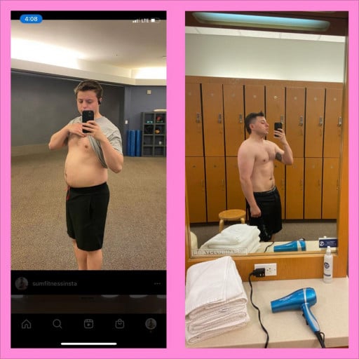 A before and after photo of a 5'11" male showing a weight reduction from 224 pounds to 199 pounds. A net loss of 25 pounds.