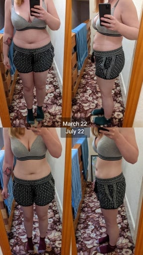 A before and after photo of a 5'3" female showing a weight reduction from 156 pounds to 130 pounds. A total loss of 26 pounds.