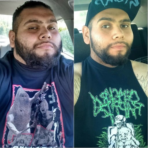 A before and after photo of a 6'2" male showing a weight loss from 345 pounds to 225 pounds. A respectable loss of 120 pounds.