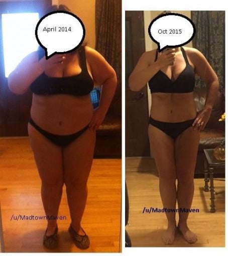 A picture of a 5'3" female showing a fat loss from 253 pounds to 162 pounds. A respectable loss of 91 pounds.