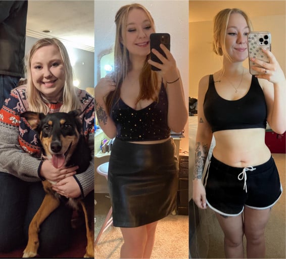 A before and after photo of a 5'1" female showing a weight reduction from 190 pounds to 119 pounds. A net loss of 71 pounds.