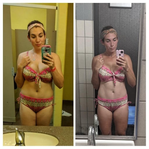 A photo of a 5'7" woman showing a weight cut from 180 pounds to 155 pounds. A respectable loss of 25 pounds.