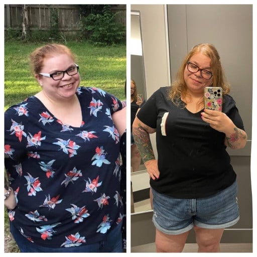 A progress pic of a 5'6" woman showing a fat loss from 327 pounds to 260 pounds. A total loss of 67 pounds.
