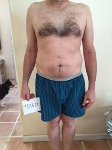 A before and after photo of a 5'7" male showing a snapshot of 195 pounds at a height of 5'7