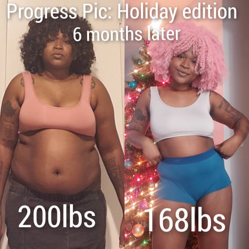 Progress Pics of 32 lbs Fat Loss 5 feet 7 Female 200 lbs to 168 lbs