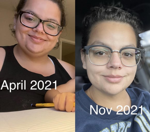 A progress pic of a 5'4" woman showing a fat loss from 253 pounds to 208 pounds. A total loss of 45 pounds.