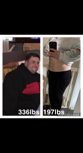 A picture of a 5'3" male showing a weight loss from 336 pounds to 197 pounds. A total loss of 139 pounds.