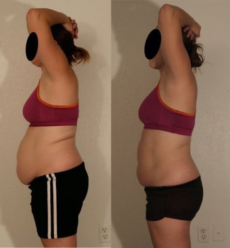 A progress pic of a 5'4" woman showing a weight reduction from 165 pounds to 160 pounds. A total loss of 5 pounds.