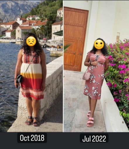 A progress pic of a 5'4" woman showing a fat loss from 190 pounds to 168 pounds. A total loss of 22 pounds.