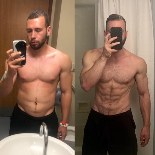 A progress pic of a 5'11" man showing a muscle gain from 180 pounds to 205 pounds. A total gain of 25 pounds.