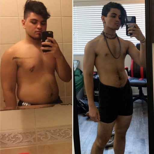 A progress pic of a 5'7" man showing a fat loss from 192 pounds to 140 pounds. A total loss of 52 pounds.