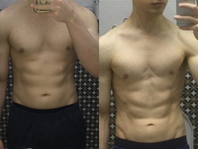 A before and after photo of a 5'8" male showing a weight reduction from 173 pounds to 141 pounds. A respectable loss of 32 pounds.