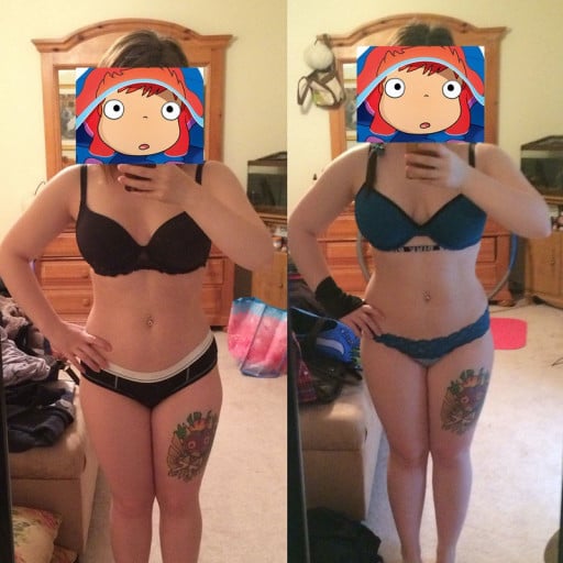 A progress pic of a 4'10" woman showing a fat loss from 124 pounds to 115 pounds. A total loss of 9 pounds.
