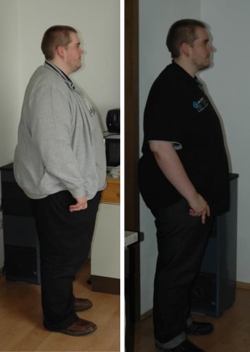 A photo of a 5'9" man showing a fat loss from 442 pounds to 341 pounds. A respectable loss of 101 pounds.