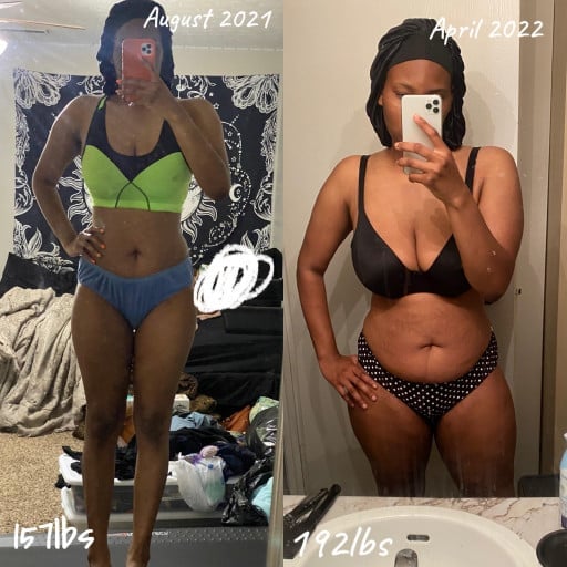 A before and after photo of a 5'7" female showing a weight gain from 157 pounds to 192 pounds. A net gain of 35 pounds.