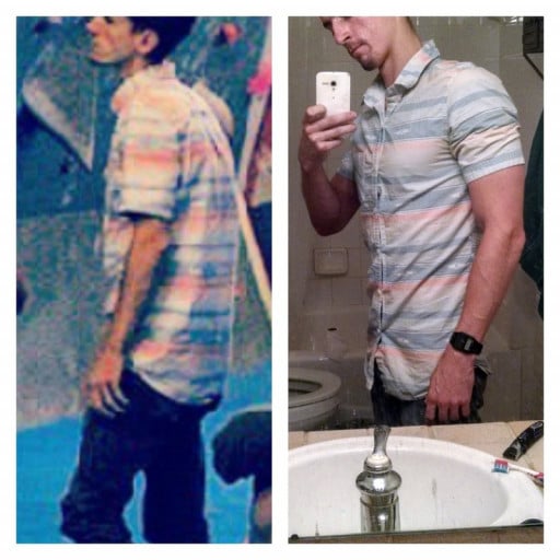 A progress pic of a 5'9" man showing a muscle gain from 114 pounds to 127 pounds. A respectable gain of 13 pounds.