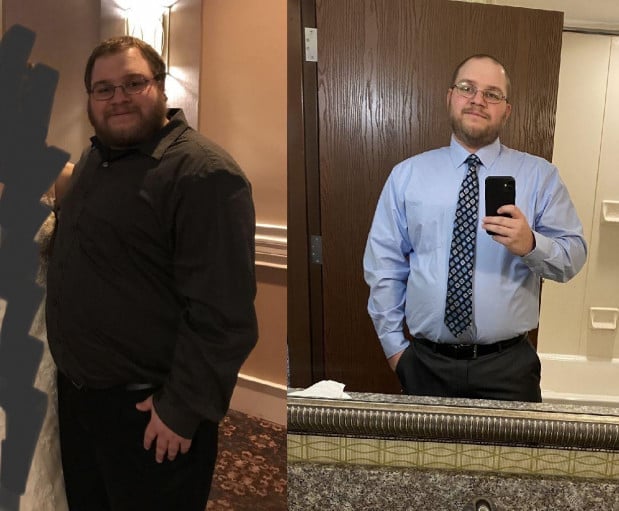 A photo of a 5'9" man showing a weight cut from 305 pounds to 237 pounds. A total loss of 68 pounds.