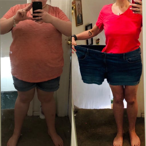 A progress pic of a 5'3" woman showing a fat loss from 278 pounds to 125 pounds. A total loss of 153 pounds.