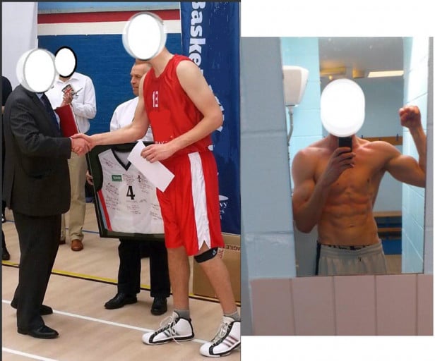 A photo of a 6'10" man showing a weight bulk from 220 pounds to 231 pounds. A total gain of 11 pounds.