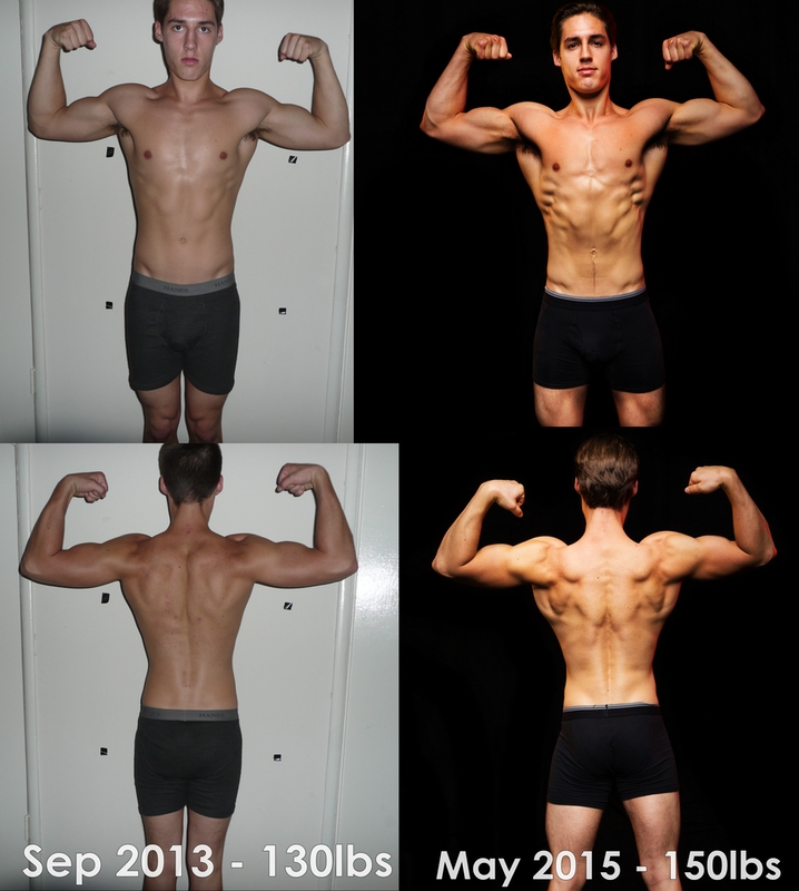 Before and After 20 lbs Muscle Gain 5 feet 9 Male 130 lbs to 150 lbs