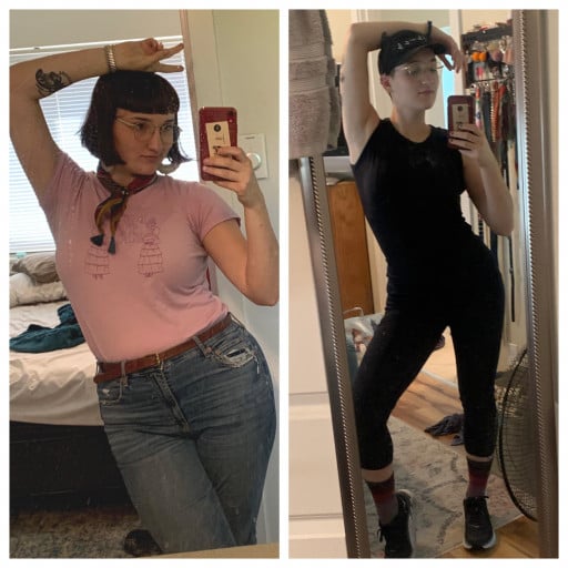 A progress pic of a 5'8" woman showing a fat loss from 190 pounds to 165 pounds. A total loss of 25 pounds.