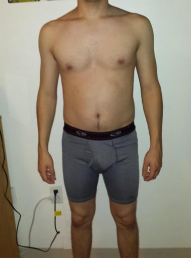 A before and after photo of a 5'8" male showing a snapshot of 155 pounds at a height of 5'8