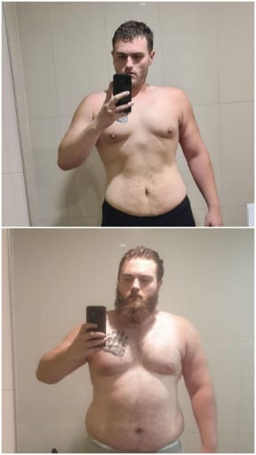 A progress pic of a 6'4" man showing a fat loss from 326 pounds to 258 pounds. A total loss of 68 pounds.