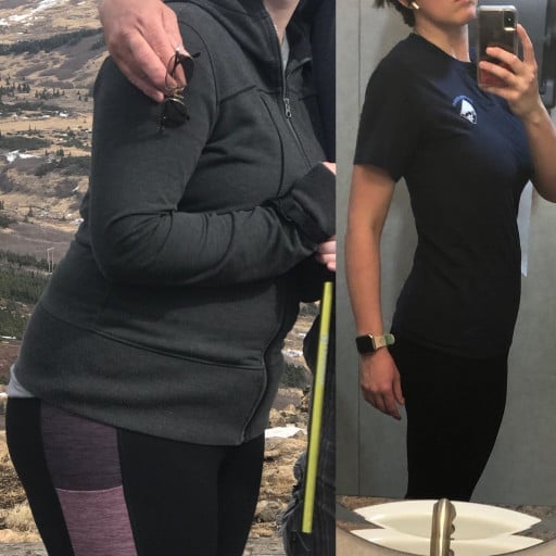 A progress pic of a 5'11" woman showing a fat loss from 211 pounds to 150 pounds. A total loss of 61 pounds.