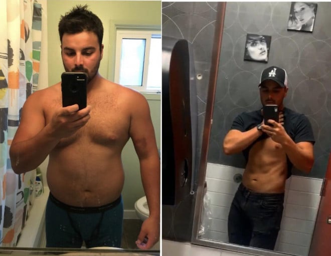 A picture of a 5'10" male showing a weight loss from 250 pounds to 195 pounds. A total loss of 55 pounds.