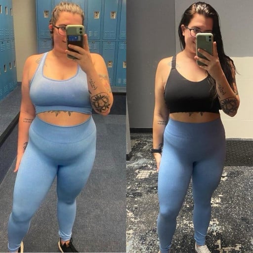 A before and after photo of a 5'4" female showing a weight reduction from 205 pounds to 177 pounds. A respectable loss of 28 pounds.