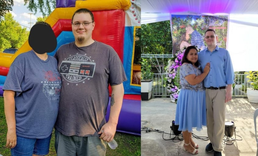 A picture of a 6'3" male showing a weight loss from 330 pounds to 240 pounds. A total loss of 90 pounds.
