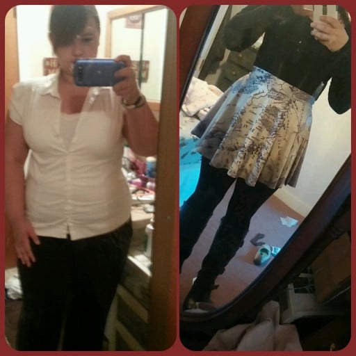 A before and after photo of a 5'4" female showing a weight reduction from 235 pounds to 172 pounds. A net loss of 63 pounds.