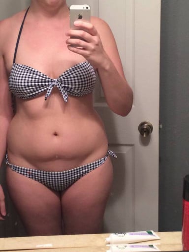 A before and after photo of a 5'7" female showing a weight cut from 170 pounds to 149 pounds. A total loss of 21 pounds.