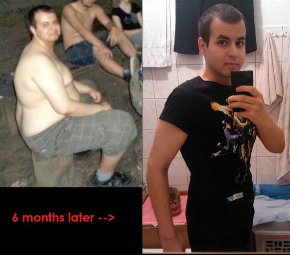 A before and after photo of a 6'1" male showing a weight reduction from 300 pounds to 185 pounds. A net loss of 115 pounds.