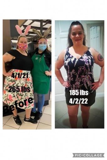 A photo of a 5'6" woman showing a weight cut from 265 pounds to 185 pounds. A total loss of 80 pounds.