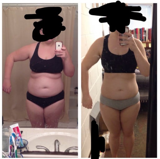A photo of a 5'7" woman showing a weight cut from 200 pounds to 165 pounds. A total loss of 35 pounds.