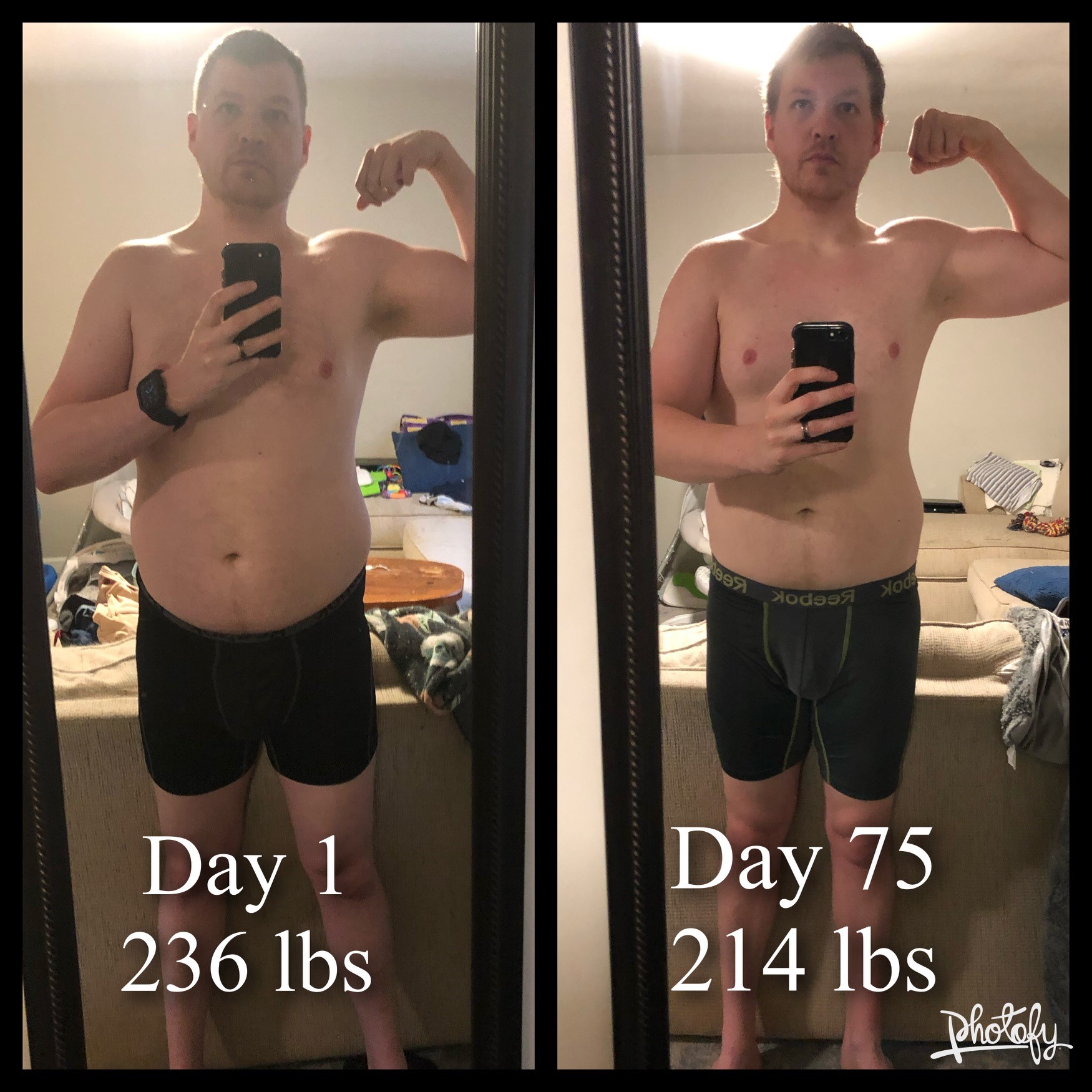 Before and After 22 lbs Fat Loss 6 feet 3 Male 236 lbs to 214 lbs
