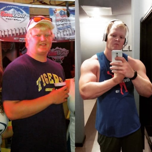 A before and after photo of a 6'4" male showing a weight reduction from 255 pounds to 215 pounds. A net loss of 40 pounds.