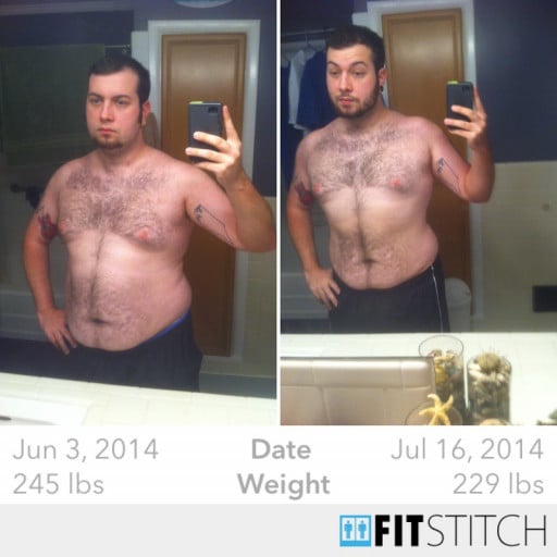 A before and after photo of a 5'11" male showing a weight cut from 245 pounds to 229 pounds. A total loss of 16 pounds.