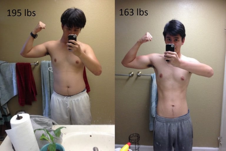 A photo of a 6'0" man showing a weight cut from 195 pounds to 163 pounds. A net loss of 32 pounds.