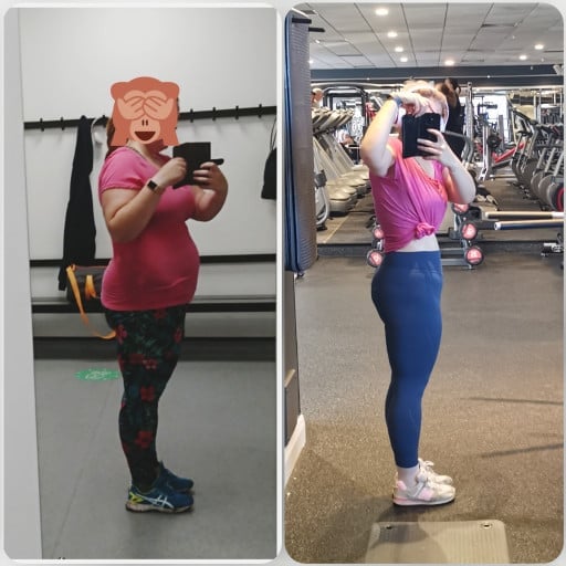 A progress pic of a 5'4" woman showing a fat loss from 215 pounds to 153 pounds. A net loss of 62 pounds.