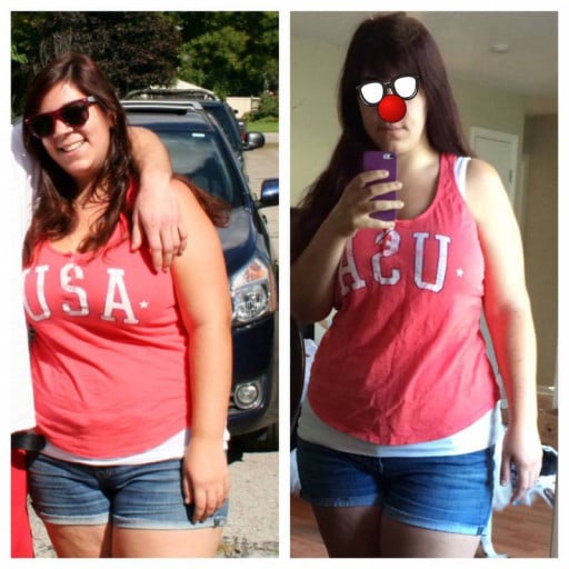 A progress pic of a 5'4" woman showing a fat loss from 215 pounds to 173 pounds. A net loss of 42 pounds.