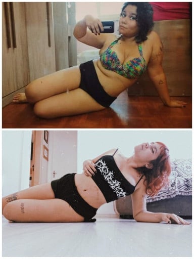 A before and after photo of a 5'2" female showing a weight reduction from 178 pounds to 140 pounds. A net loss of 38 pounds.