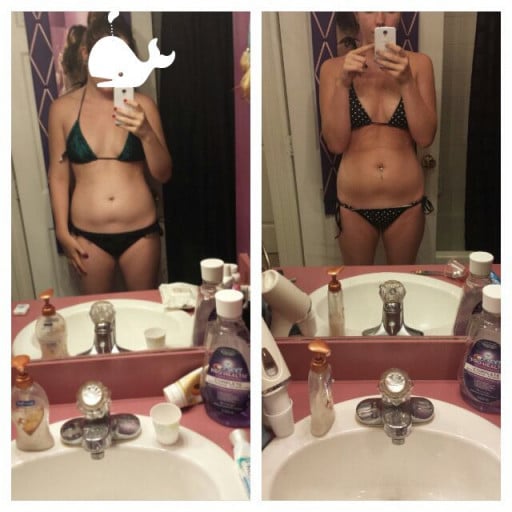 A progress pic of a 5'7" woman showing a weight reduction from 168 pounds to 158 pounds. A net loss of 10 pounds.