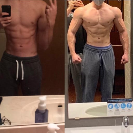 A before and after photo of a 6'0" male showing a weight bulk from 135 pounds to 165 pounds. A total gain of 30 pounds.