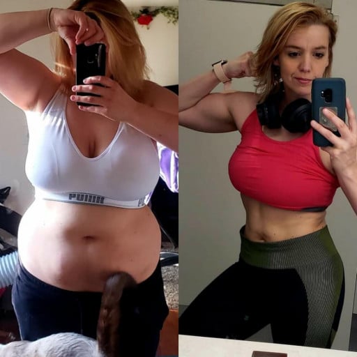 A before and after photo of a 5'7" female showing a weight reduction from 214 pounds to 152 pounds. A respectable loss of 62 pounds.