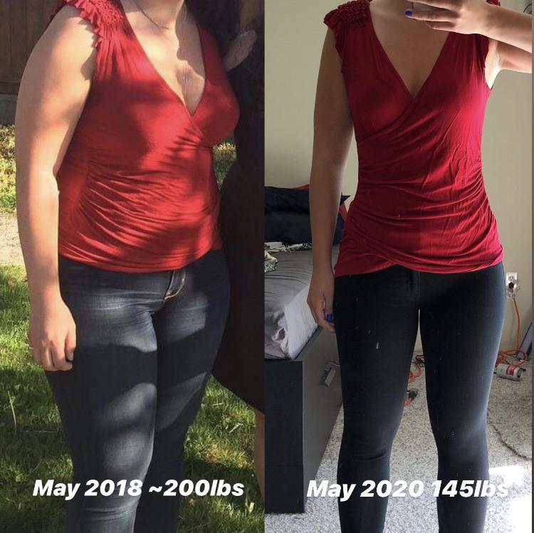 Before and After 55 lbs Fat Loss 5 feet 4 Female 200 lbs to 145 lbs